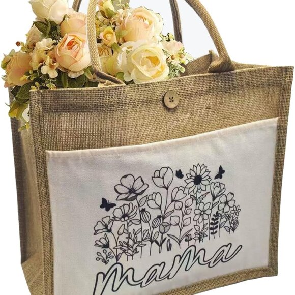 Jute Shopping Bag Floral Personalized Gift for Mom Mother's Day Durable - Picture 1 of 7